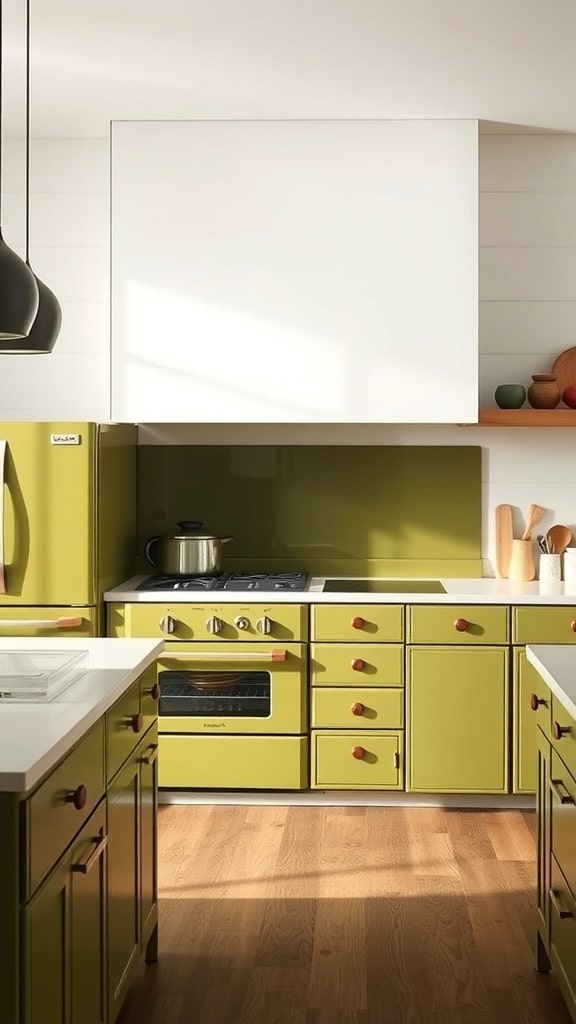 A modern kitchen featuring olive green appliances, including a refrigerator and stove, with wooden accents.