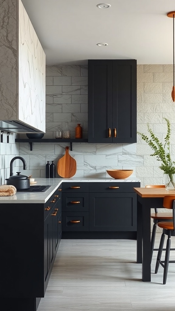 A modern black kitchen featuring layered textures with dark cabinets, light countertops, and unique wall materials.