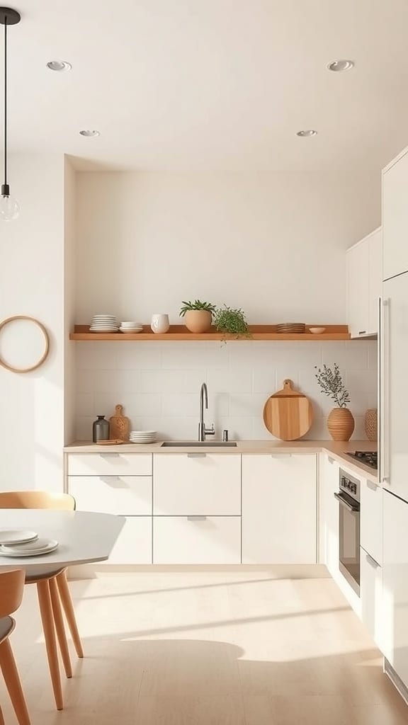 A serene cream kitchen with neutral tones, wooden accents, and natural light.