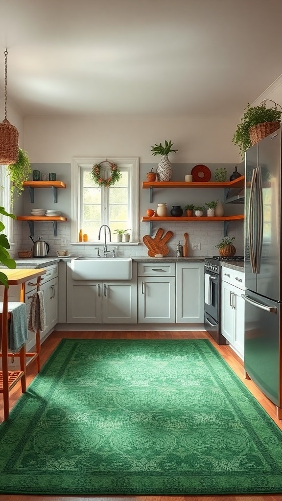 A cozy kitchen featuring an emerald green rug, white cabinets, and wooden shelves.