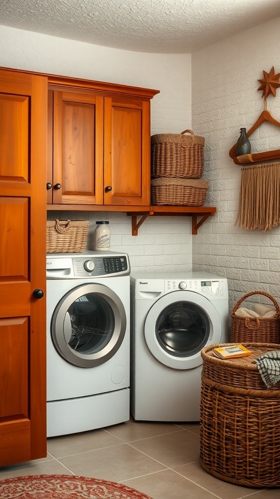 A rustic laundry room with wooden cabinets, woven baskets, and a warm color palette.