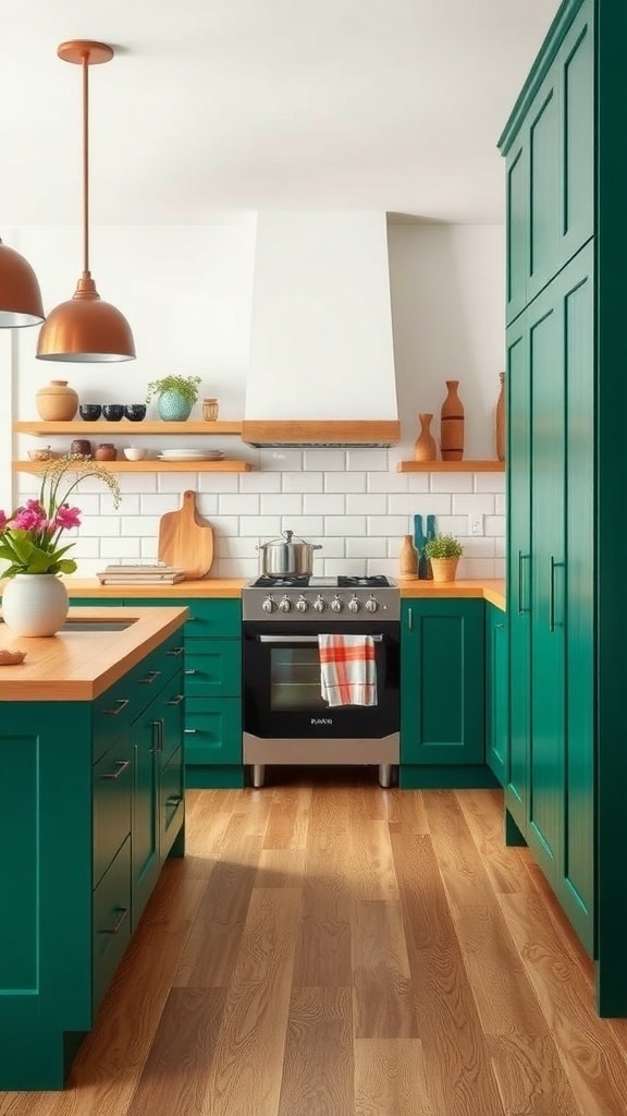 A modern kitchen featuring emerald green cabinets and natural wood countertops.