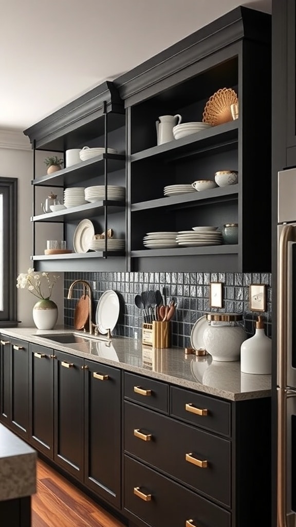 A modern black kitchen featuring open shelving with dark tones, displaying various dishware and decorative items.