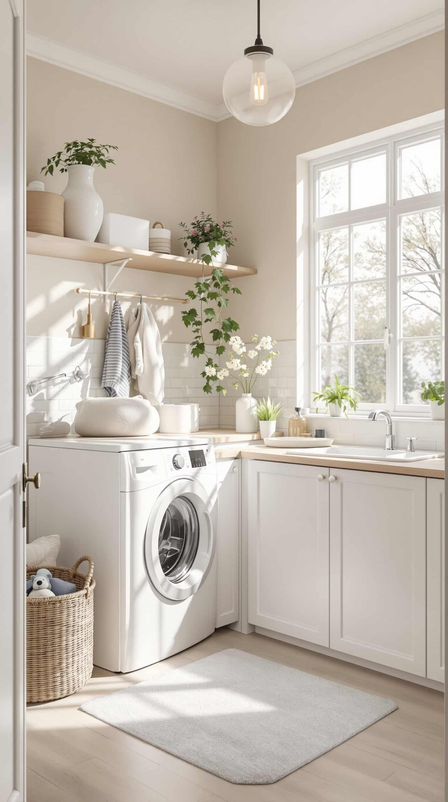 A bright laundry room featuring greige walls, white cabinetry, and natural light from a large window.