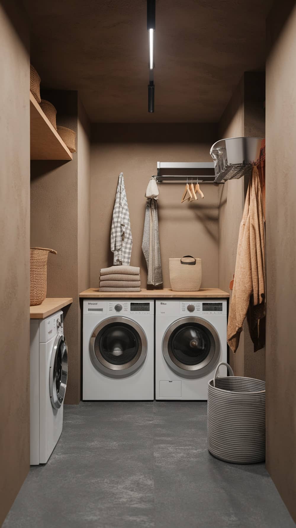 Laundry room featuring ochre walls and gray flooring with modern appliances and wooden shelves.