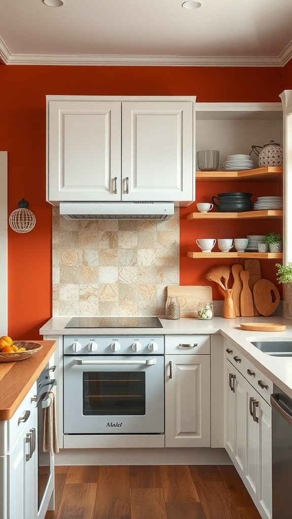 A kitchen featuring a rust orange accent wall, white cabinets, and wooden countertops.