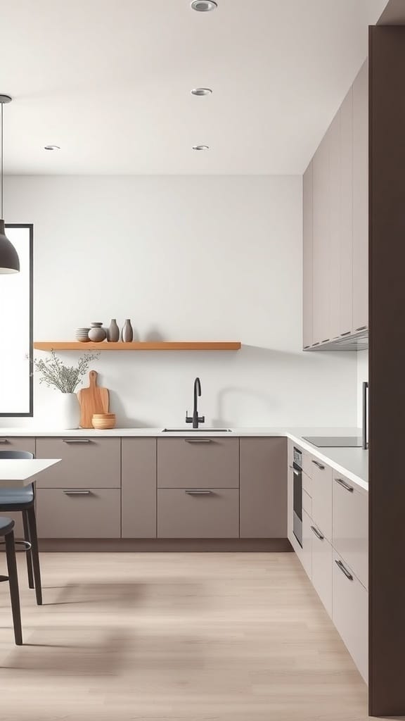 Minimalist taupe kitchen with sleek cabinetry and open shelving