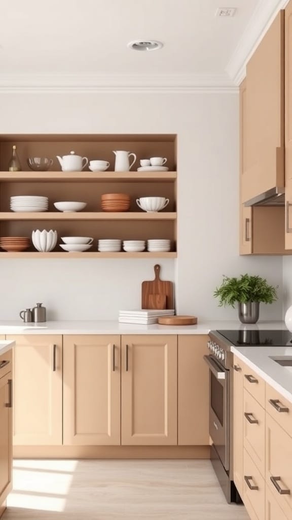 A kitchen featuring warm greige cabinets and open shelving displaying dishware and decorative items.