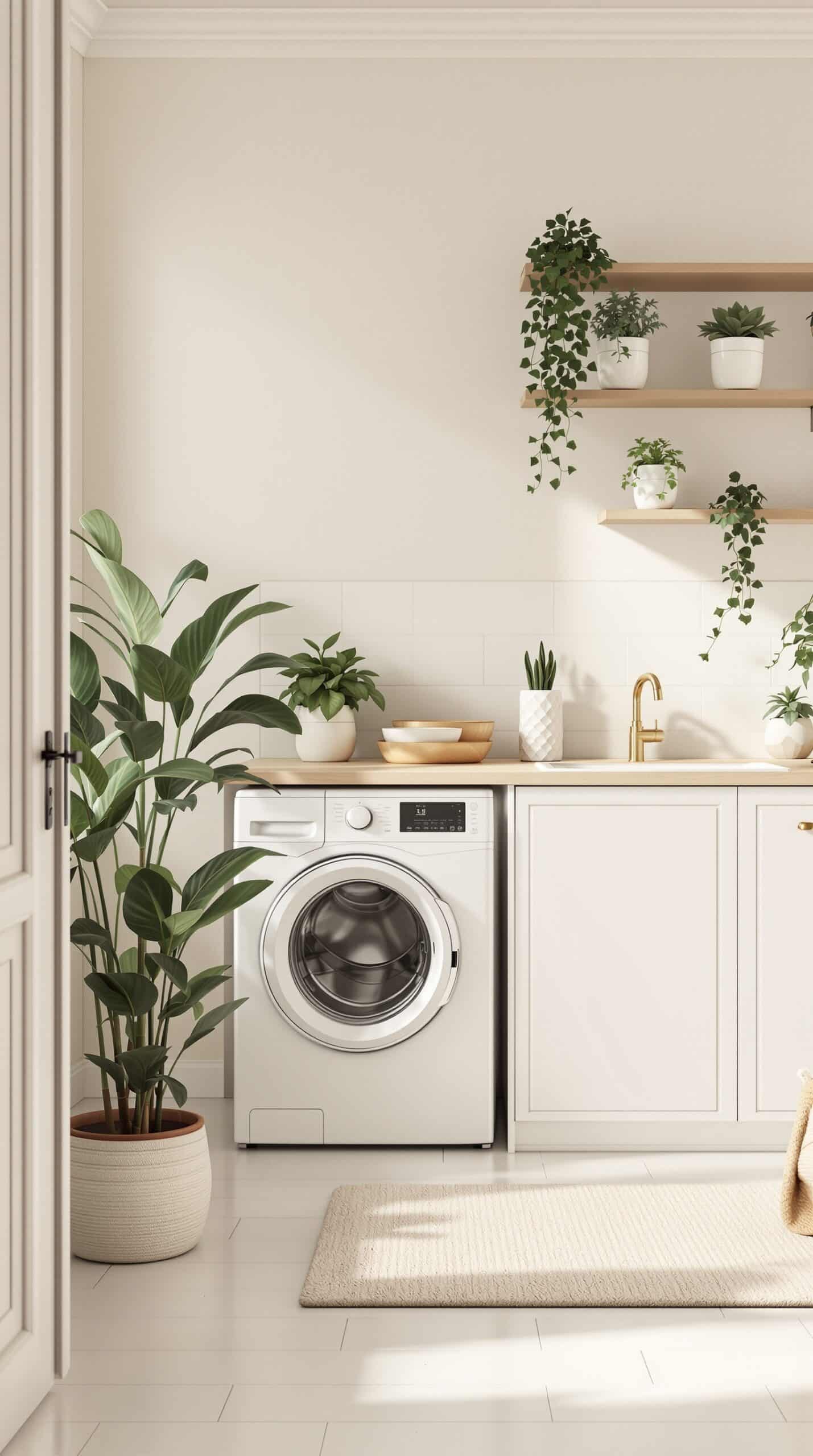 Stylish laundry room featuring a washing machine, wooden countertop, and various potted plants on shelves.