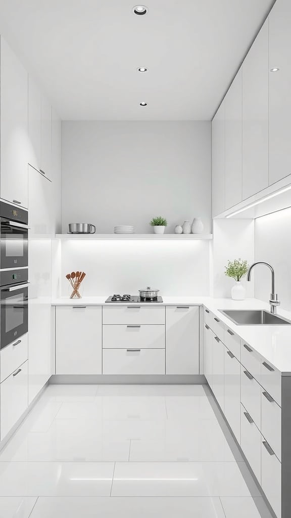 A minimalist white kitchen featuring modern appliances and sleek design.