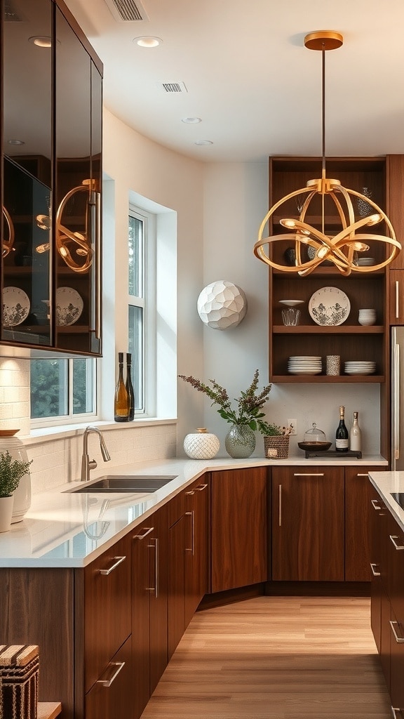 A modern kitchen featuring rich brown cabinets, a stylish pendant light, and a bright atmosphere.