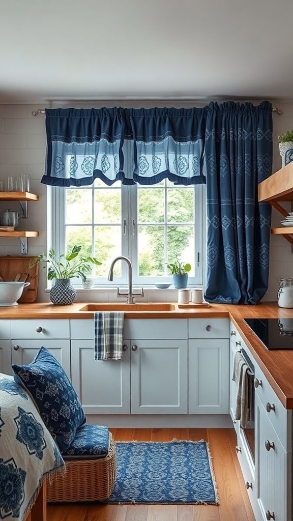 A cozy kitchen featuring indigo textiles, including patterned curtains and cushions, with warm wooden accents.