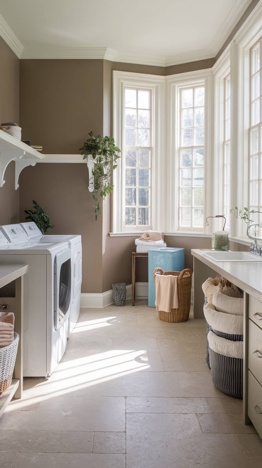 A bright and airy laundry room featuring taupe walls, large windows, and organized storage.