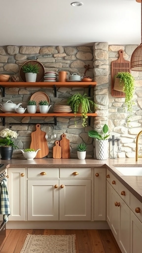 A rustic kitchen featuring a stone accent wall, wooden shelves, and plants.