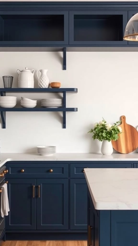 A navy blue kitchen featuring open shelving with white plates and decorative items.