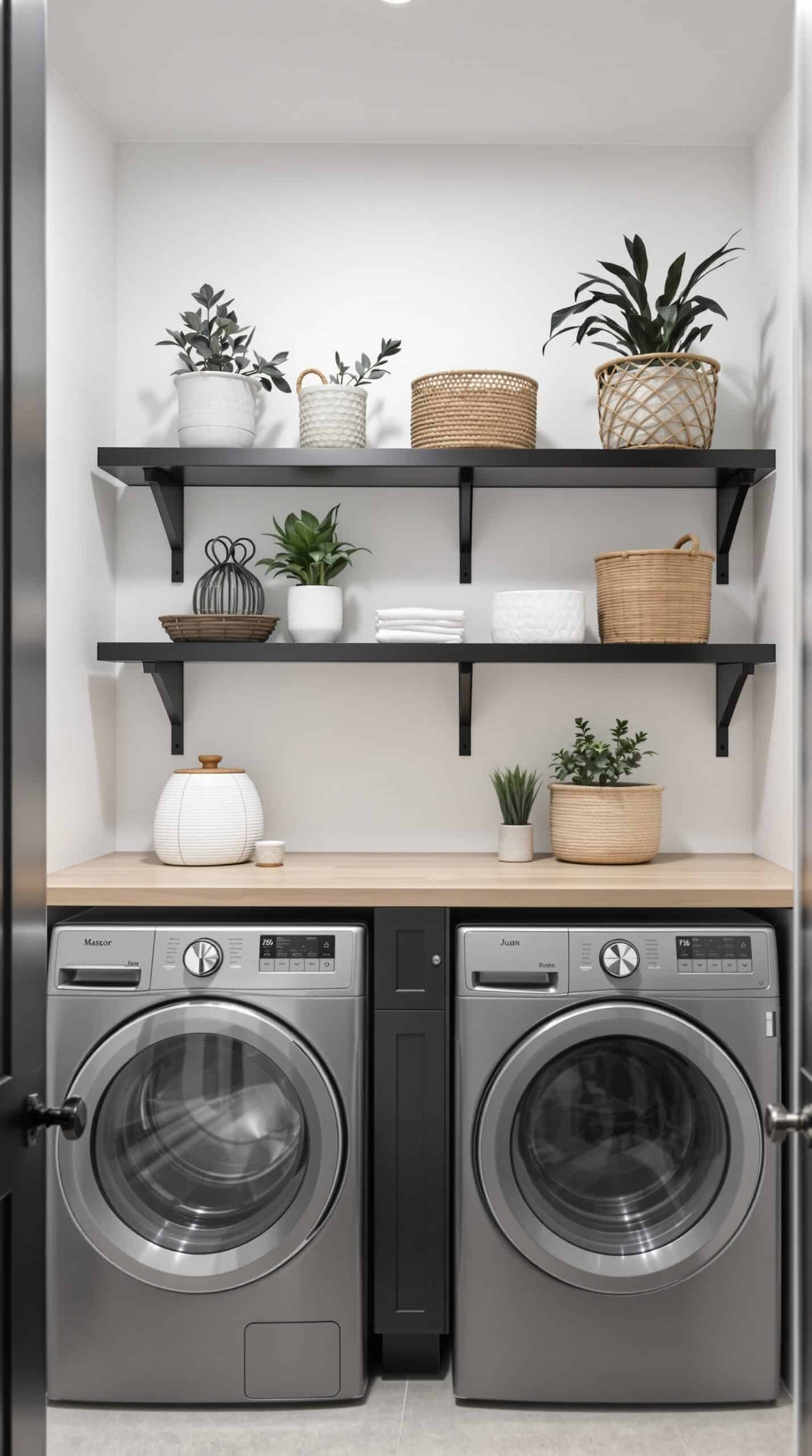 A modern laundry room featuring open shelving with decorative baskets and plants.