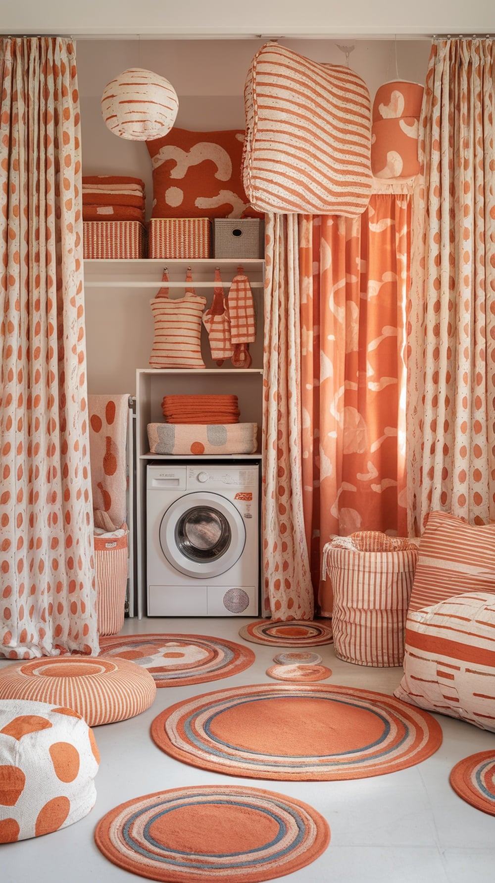 A colorful laundry room featuring orange patterned textiles, including curtains, cushions, and rugs.