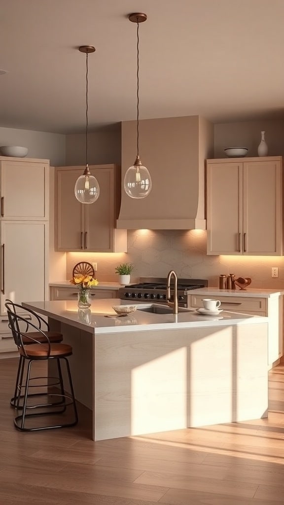 A beige kitchen island with bar stools, featuring warm wood flooring and soft pendant lighting.
