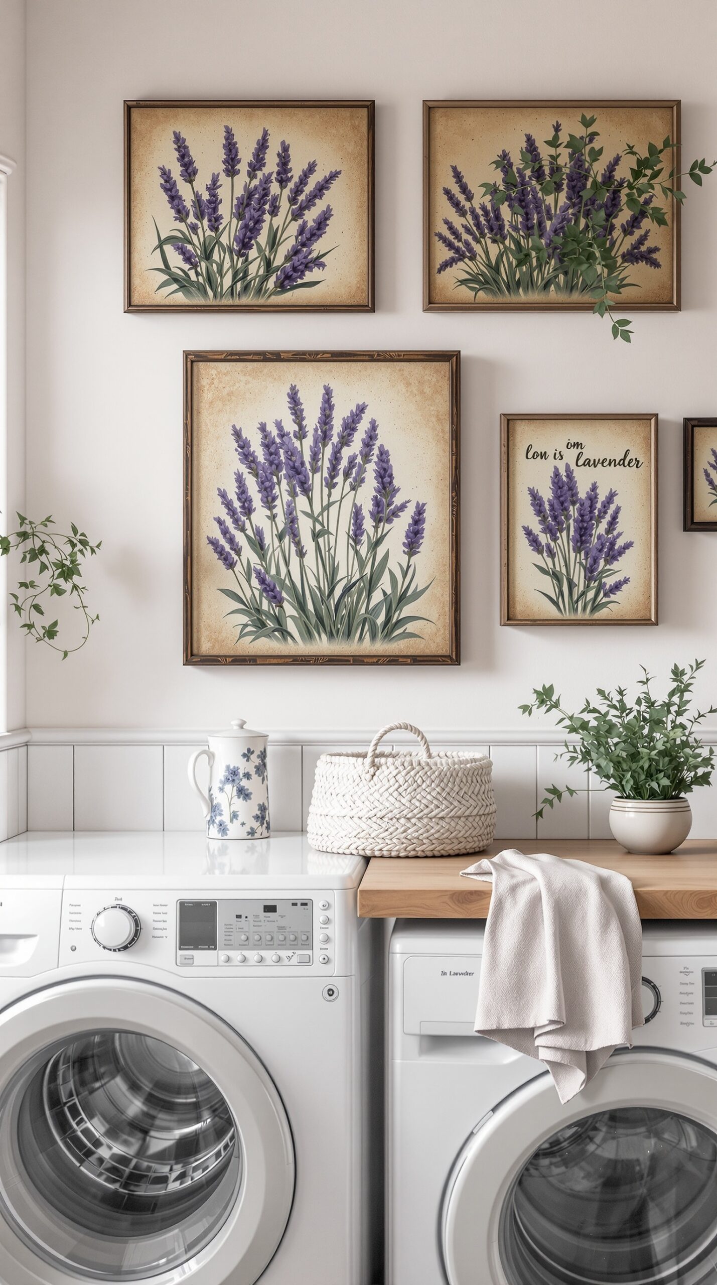 Framed lavender artwork in a laundry room, featuring multiple prints of lavender flowers and a calming decor.