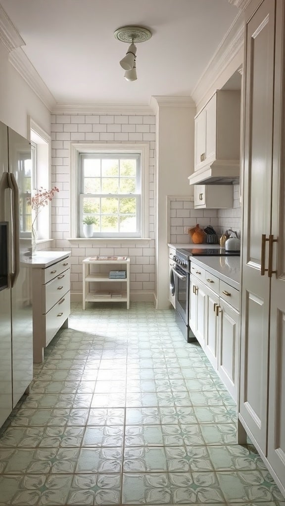 A kitchen featuring mint green patterned tiles, white cabinetry, and natural light.