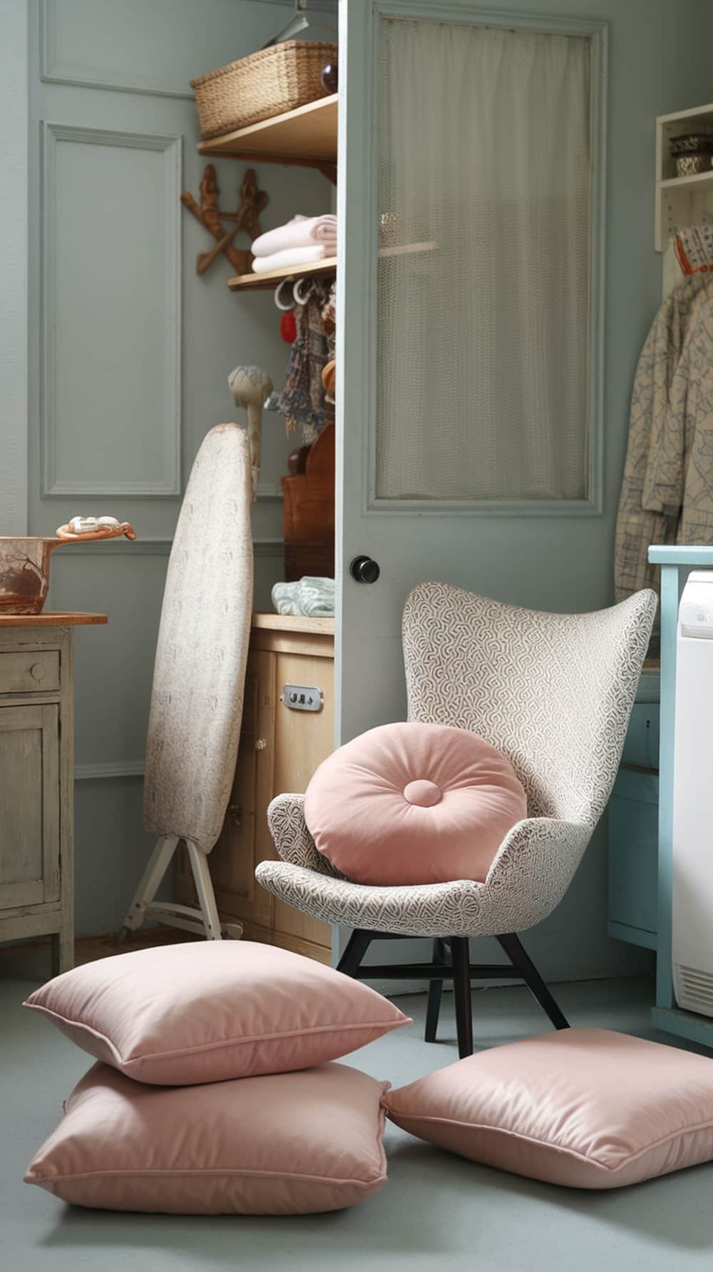 Cozy pink seating area in a laundry room with a patterned chair and soft pink pillows.