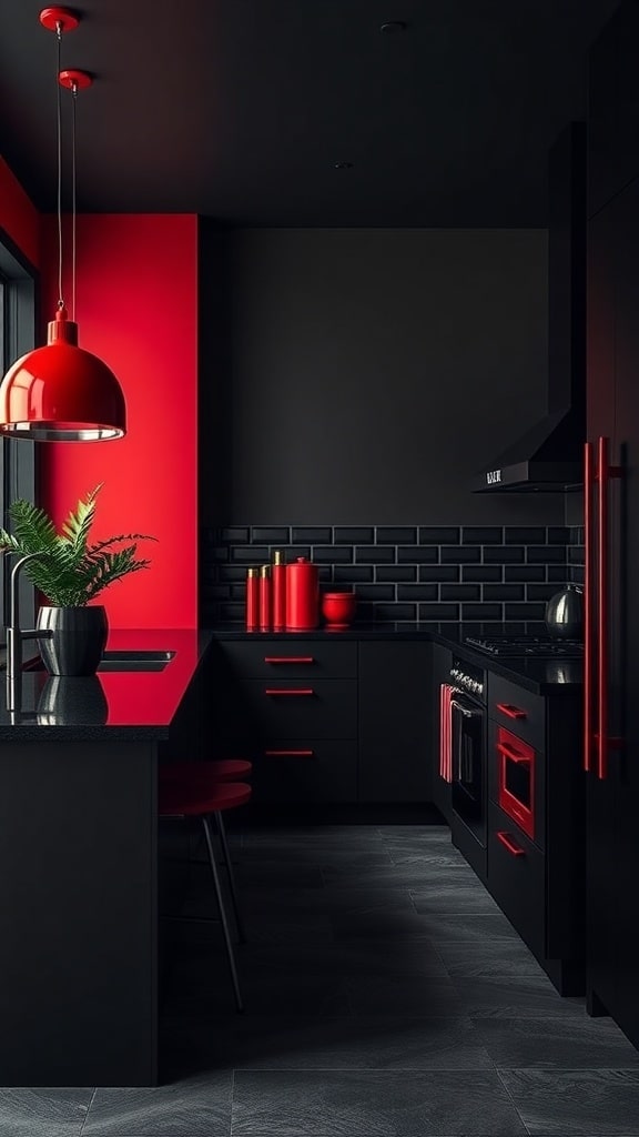 A modern kitchen featuring bold red accents against a black backdrop.