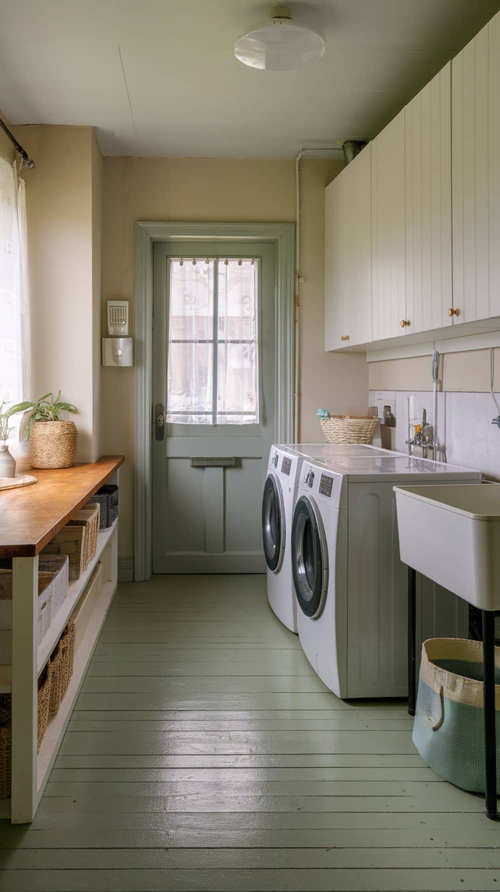 A laundry room featuring sage green flooring, white cabinetry, and natural light.