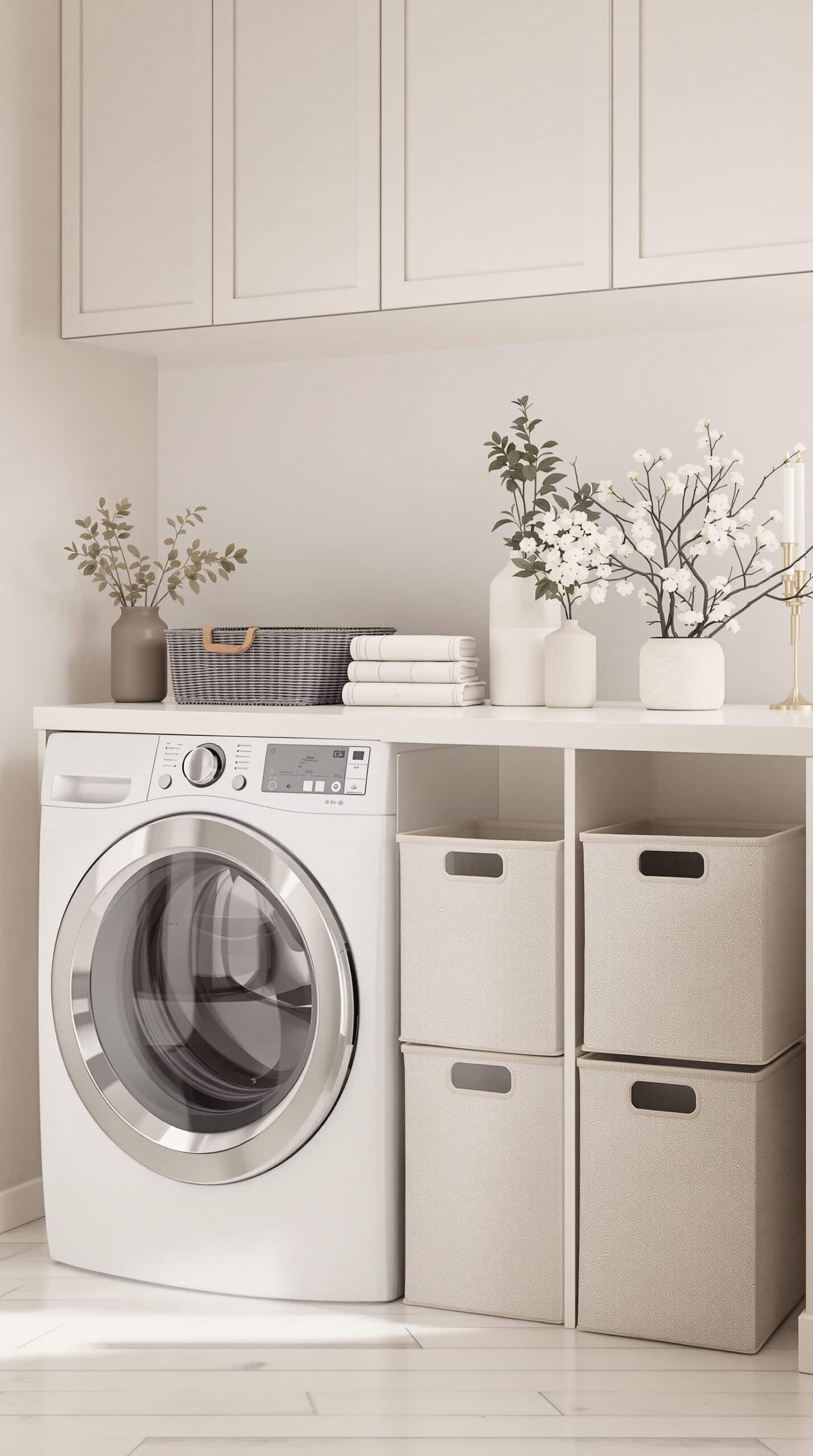 A minimalist greige laundry room featuring decorative storage bins, a washing machine, and neatly arranged towels.