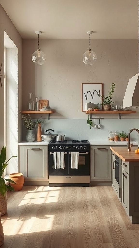 A kitchen with textured greige wall paint, featuring natural wood accents and plants.