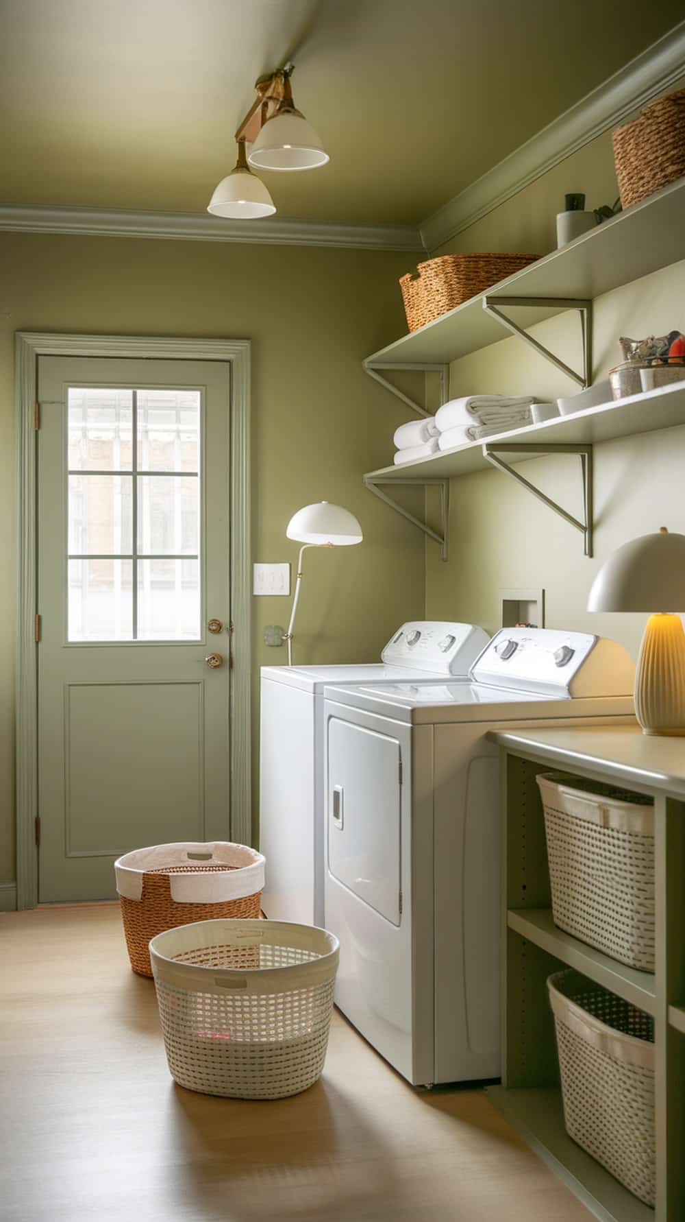 A laundry room with olive green walls, soft lighting, and organized shelves