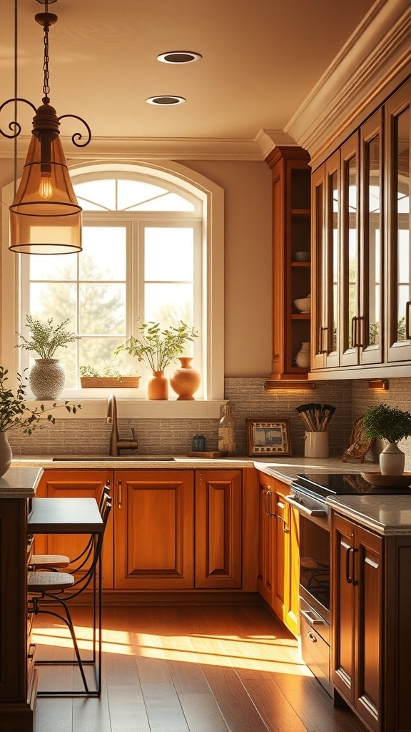 A warm brown kitchen with wooden cabinets, a large window letting in natural light, and a pendant light illuminating the space.