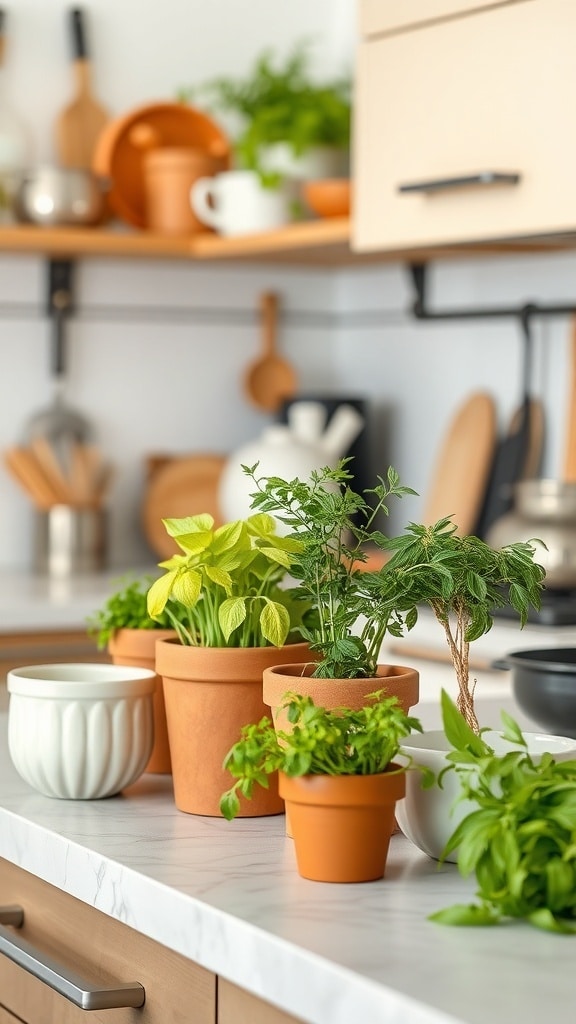 A collection of terracotta planters with fresh herbs in a kitchen setting.