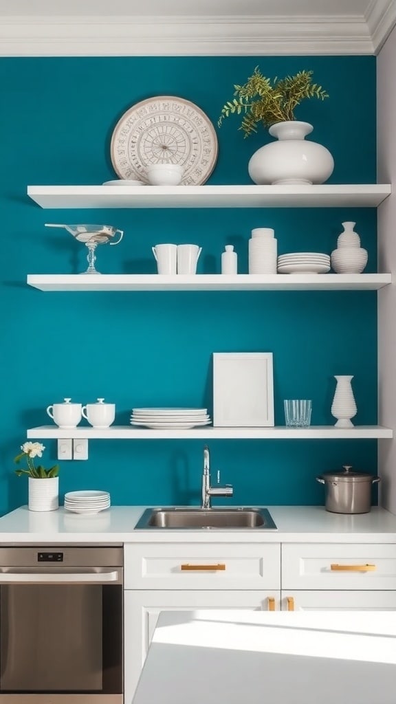 A kitchen featuring a peacock blue accent wall with white shelves and dishware.