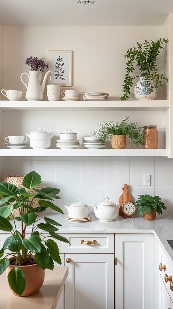 Open shelving in a cream kitchen displaying elegant dishware and plants