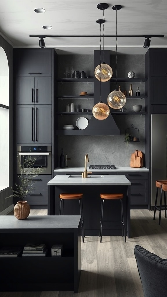 A modern kitchen featuring charcoal gray cabinets, industrial-style lighting fixtures, and a sleek design.