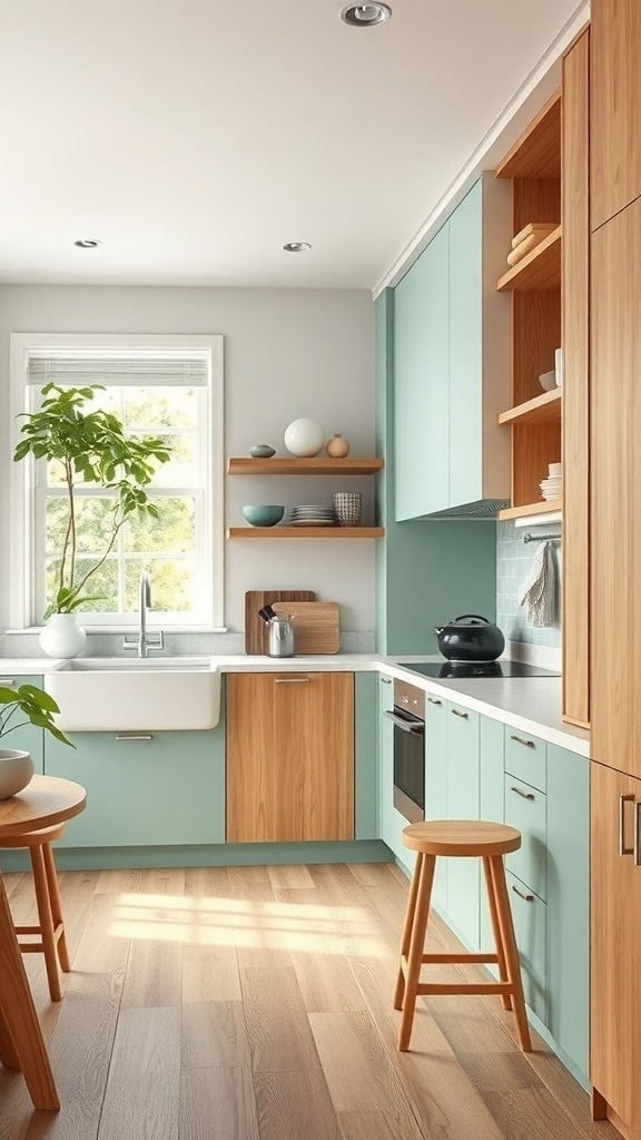 A modern kitchen featuring mint green cabinetry and natural wood accents.