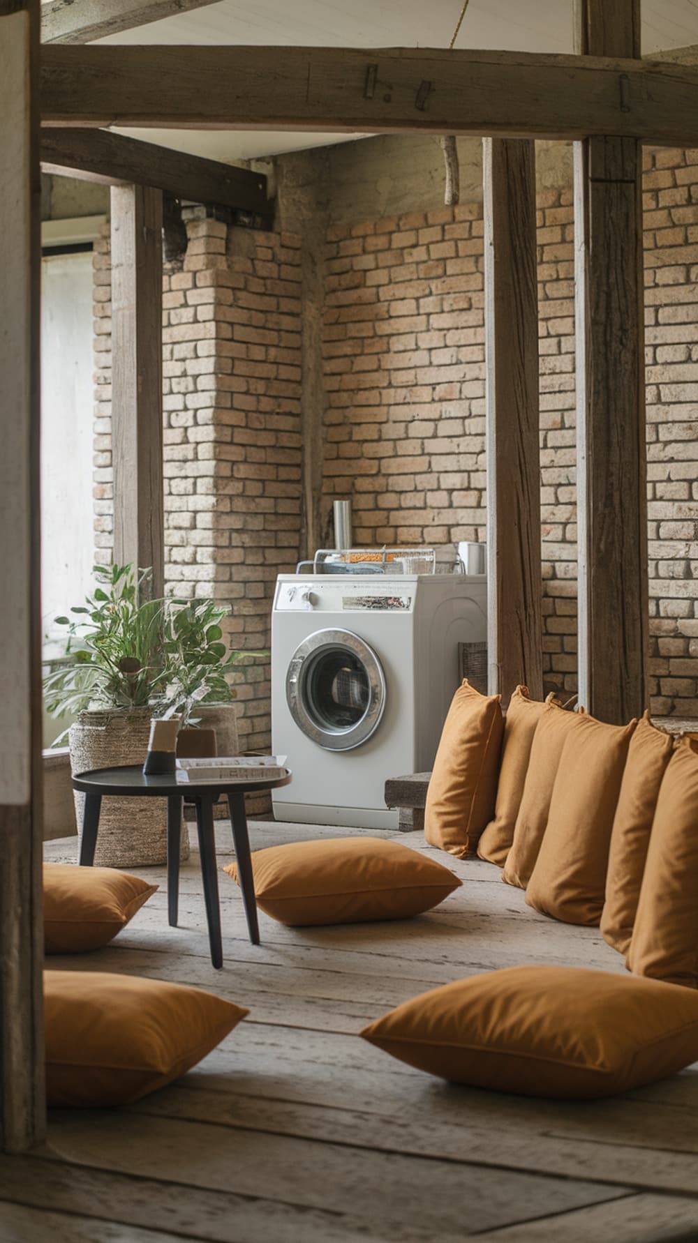 Cozy seating area in a laundry room with ochre yellow cushions and a wooden table