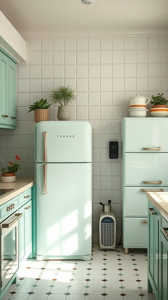 A mint green kitchen featuring a refrigerator, cabinets, and decorative plants.