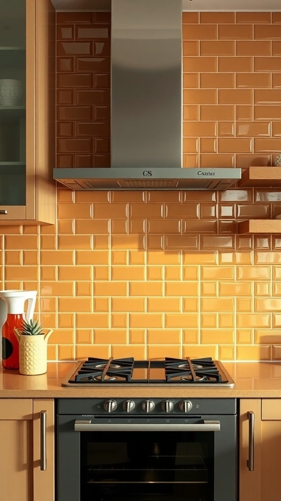A kitchen featuring caramel-toned backsplash tiles, wooden cabinetry, and a modern stove.