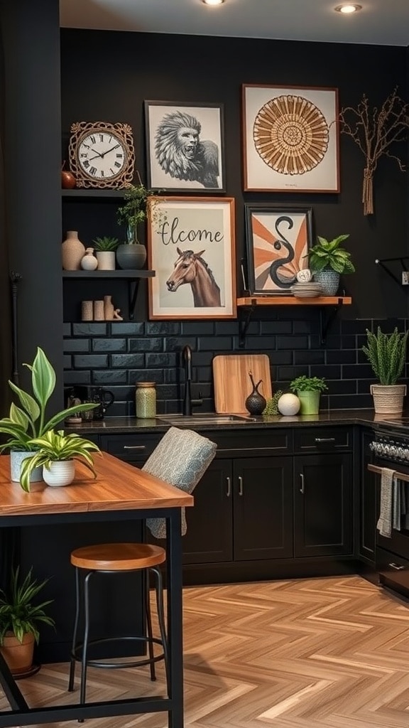 A modern black kitchen featuring artwork, plants, and wooden accents.