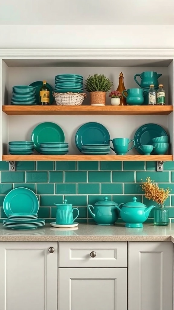 Open shelving displaying emerald green dishware in a modern kitchen