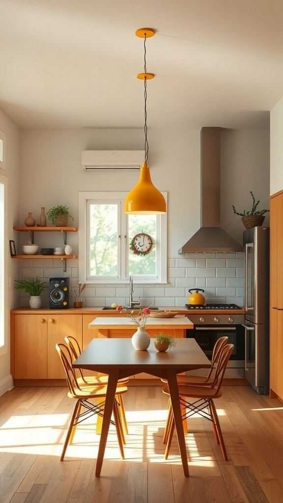 A cozy kitchen with a mustard yellow pendant light hanging over a dining table.