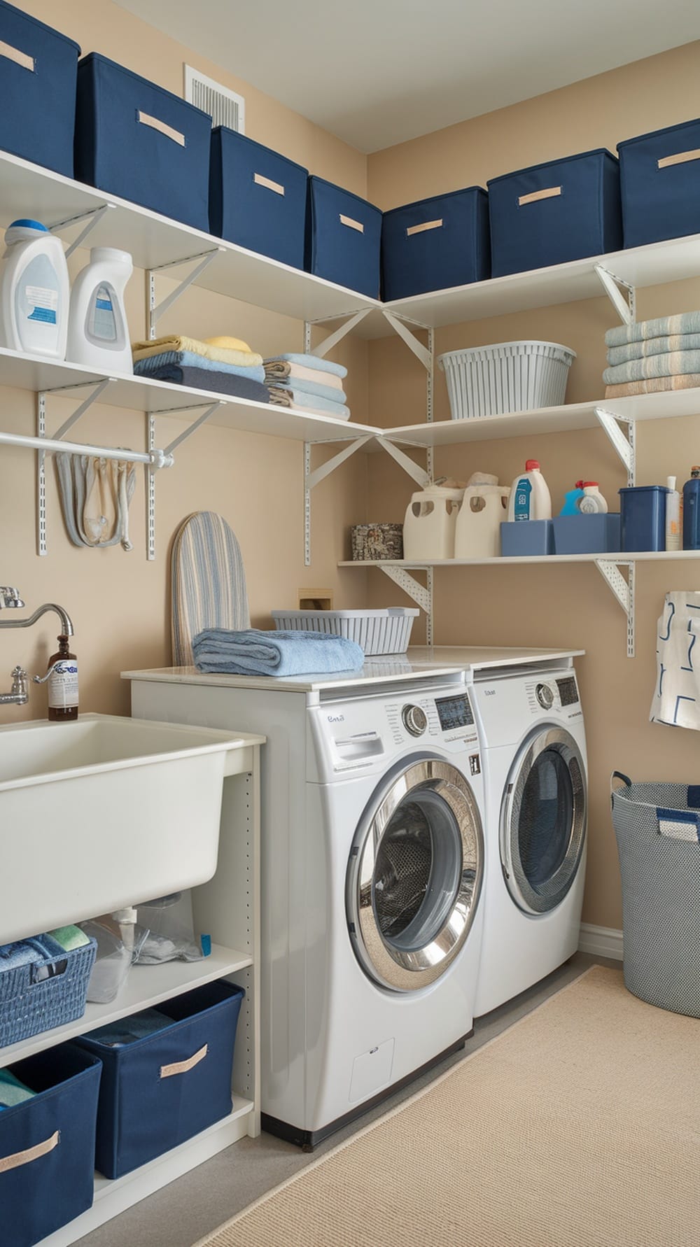 A functional laundry room with navy blue storage bins on shelves, organized laundry supplies, and a clean aesthetic.