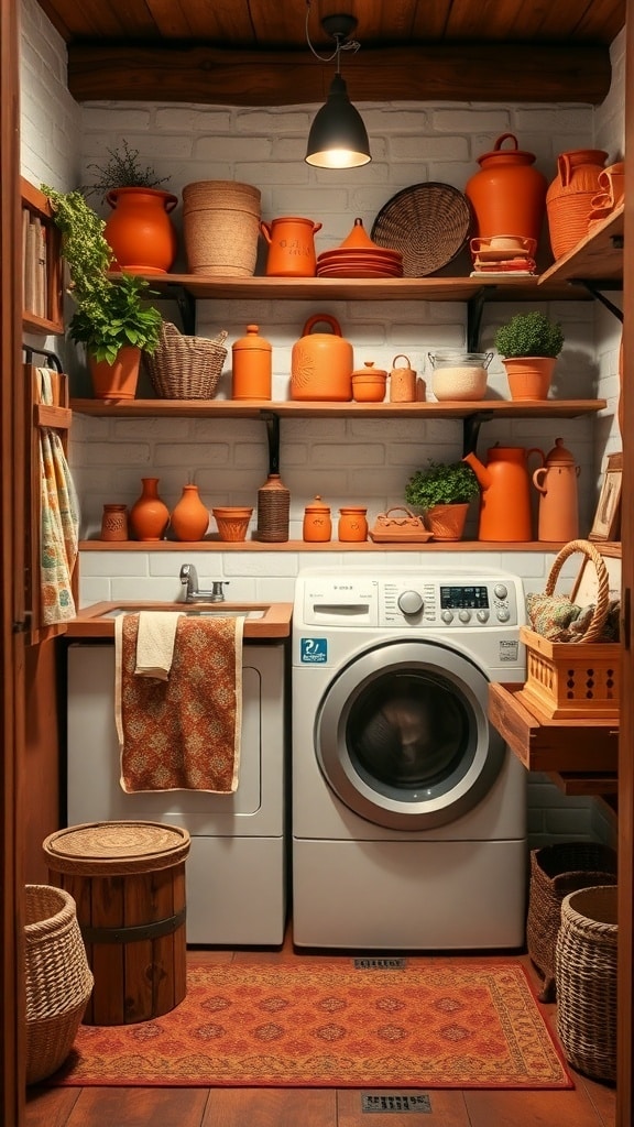 A rustic laundry room featuring terracotta decor, including a sink and pots, with wooden shelves and flooring.