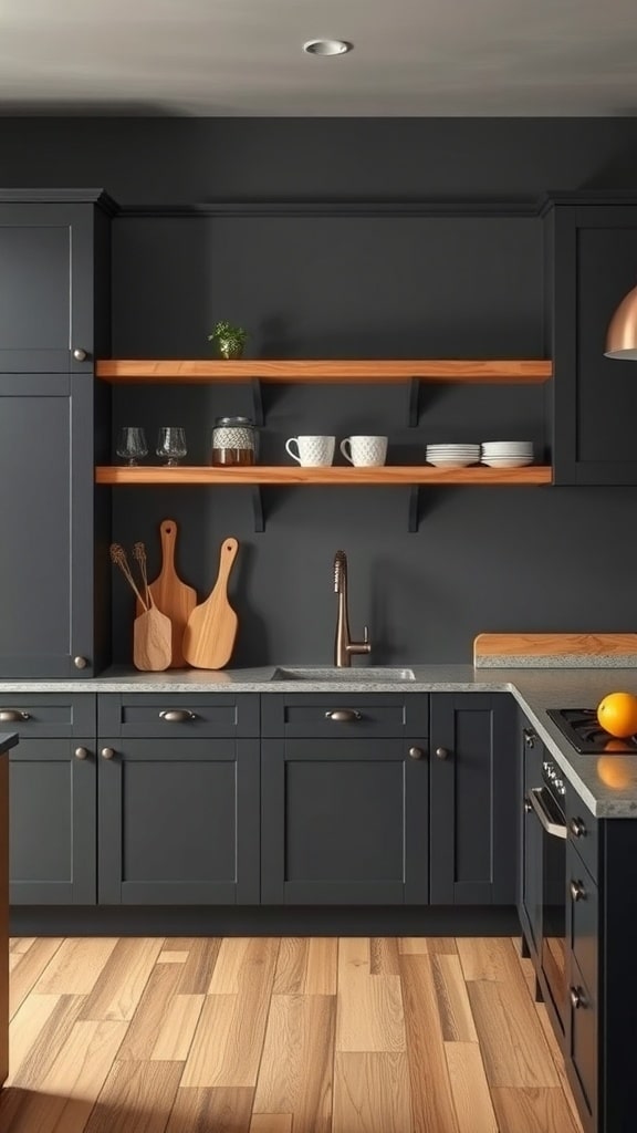 A charcoal gray kitchen featuring warm wood accents, including open wooden shelves and cutting boards.
