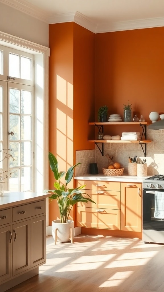 A cozy kitchen with a caramel accent wall, showcasing natural light and plants.