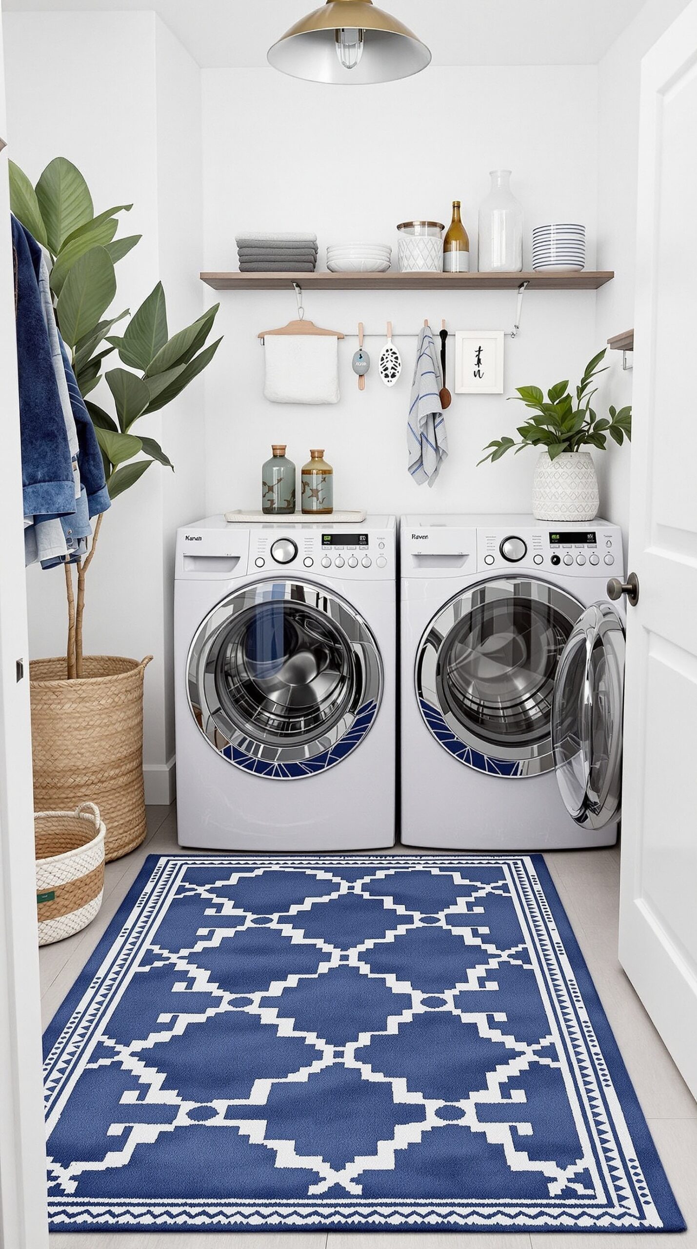 A laundry room featuring an indigo area rug with geometric designs, white appliances, and a bright, organized setup.