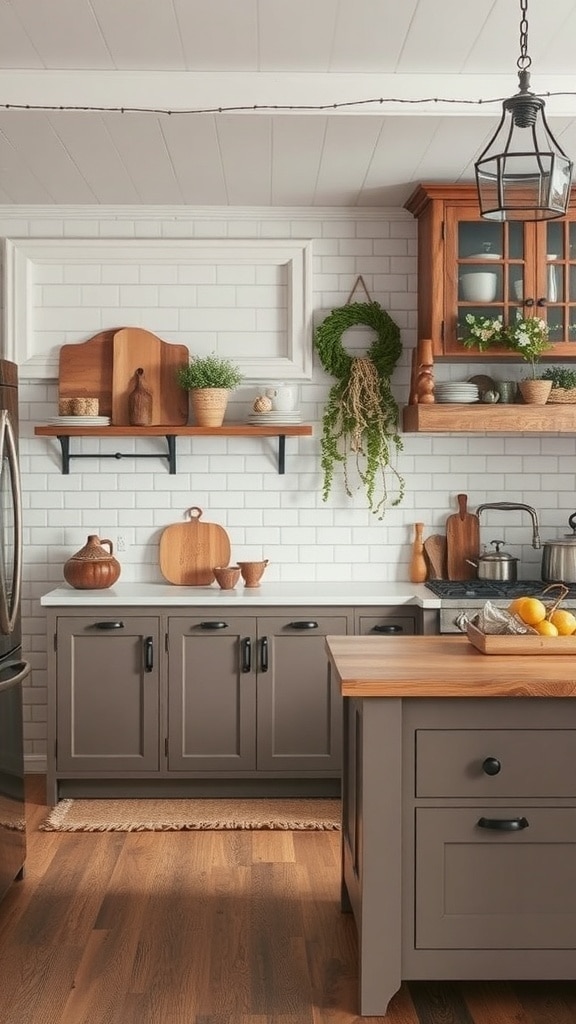 A rustic taupe kitchen featuring wooden shelves, potted plants, and warm cabinetry