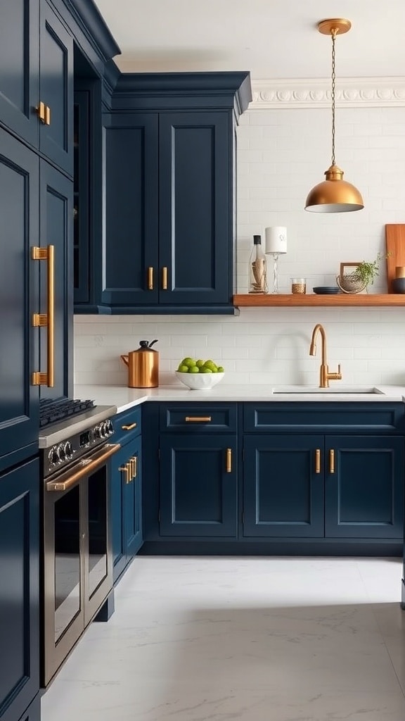 A navy blue kitchen featuring brass hardware and fixtures.