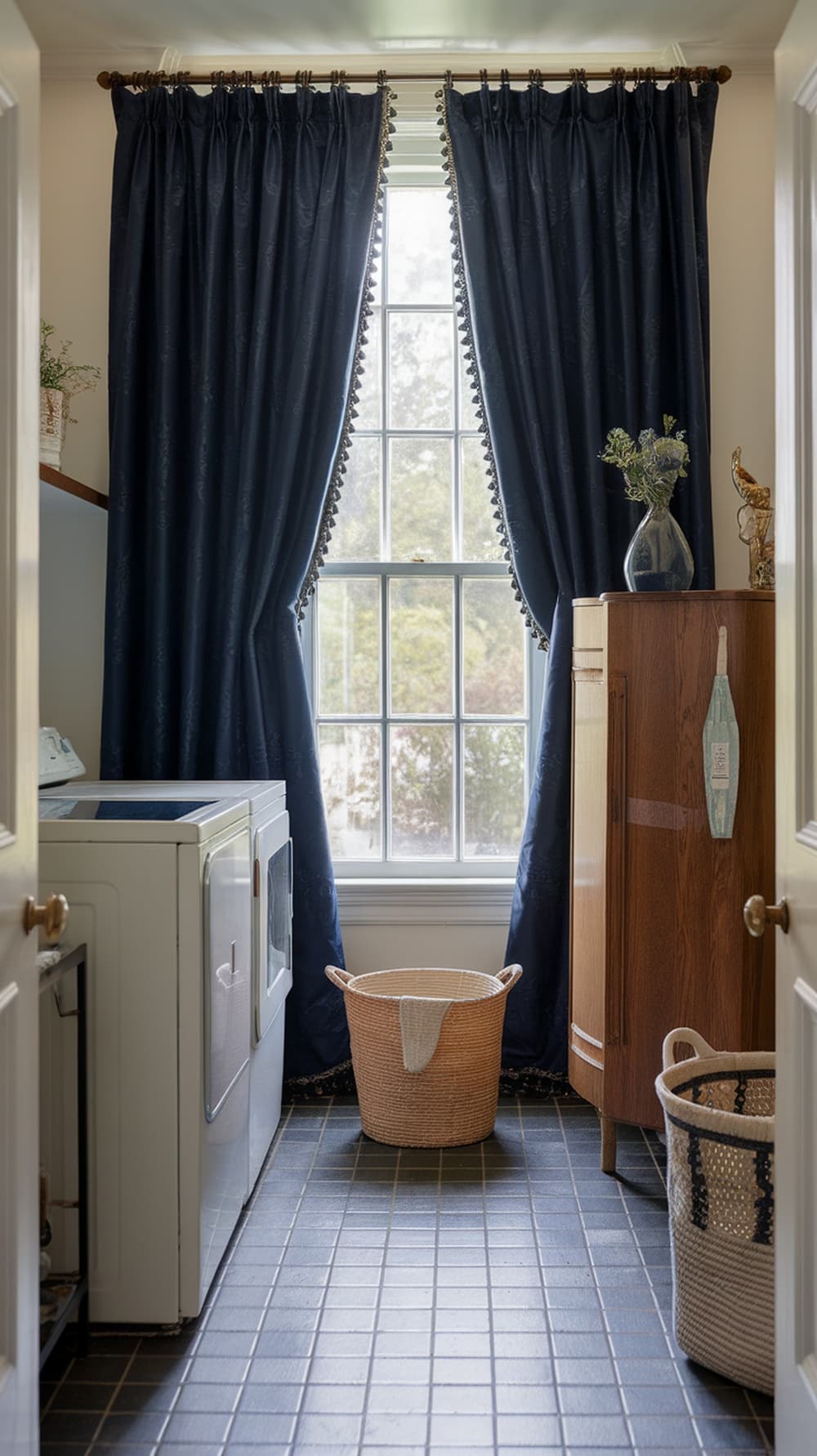 Laundry room with navy blue curtains, a window, and a washing machine.